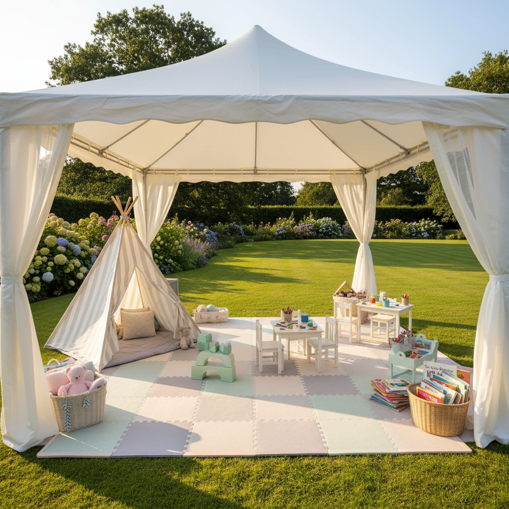 Spacious mobile crèche set up inside a large gazebo in a private garden